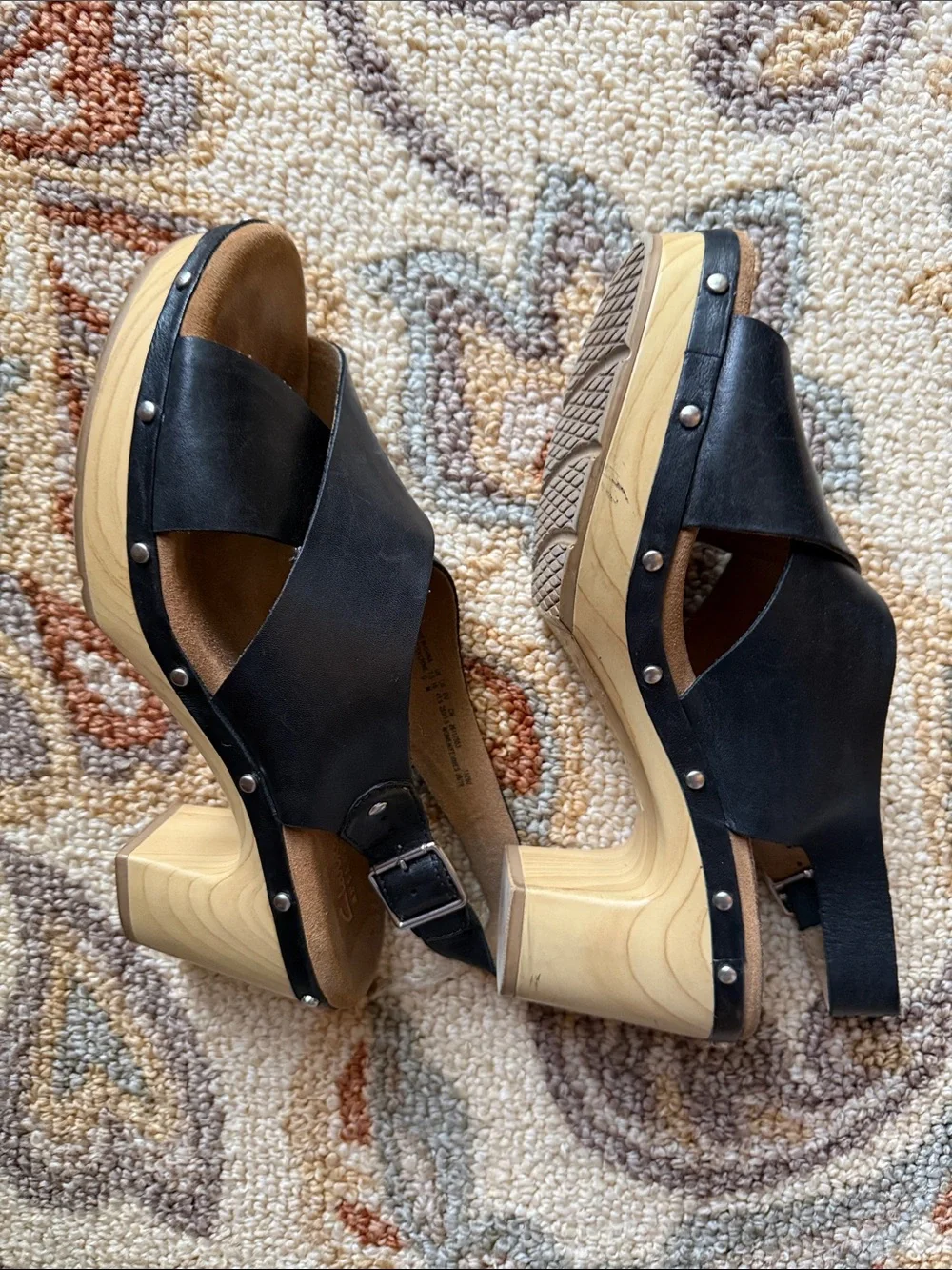 Clarks Black Leather Crossover Sandal with Wood Heel